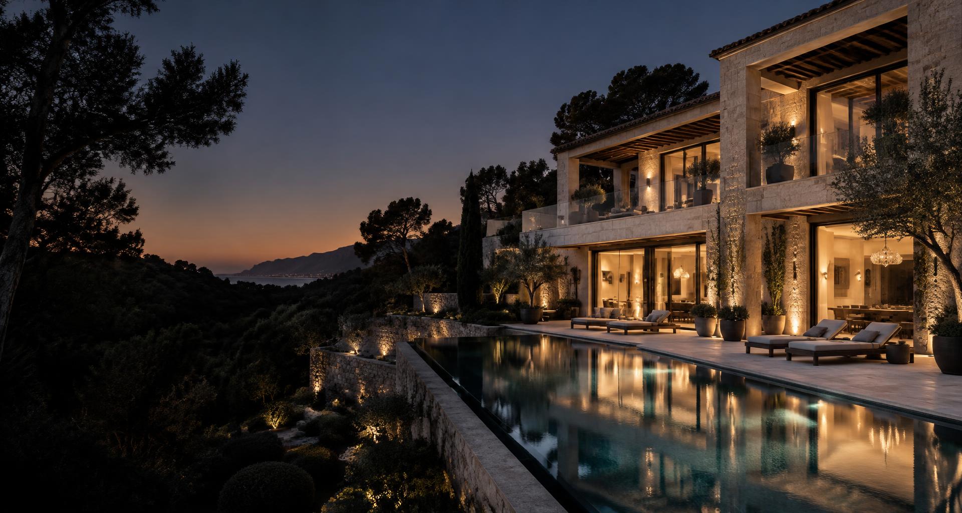 Vivienda mediterránea iluminada al anochecer